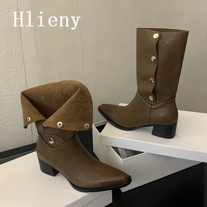 Hlieny Fashion Concise Buckle Strap Mid-Calf Boots Pointed Toe Women Western CowboyAnkle Shoes Booties Zapatos De Mujer