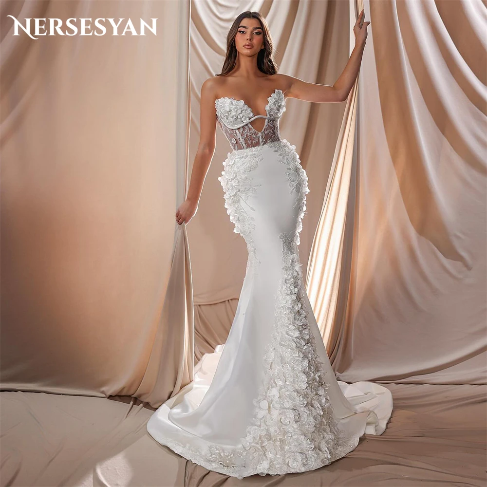 

Nersesyan Glitter Lace Mermaid Wedding Dresses Off Shoulder 3D Flowers Backless Bridal Gowns Appliques Sparkly Bride Dress 2024