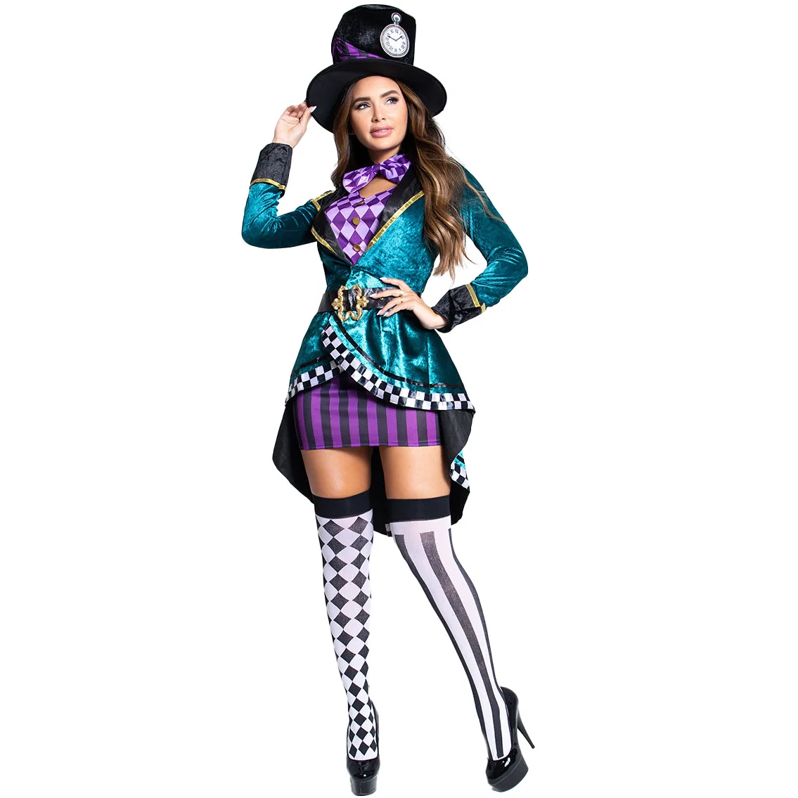 

Women Deluxe Mad Hatter Halloween Costume - Teal Velvet Coat with Purple Accents