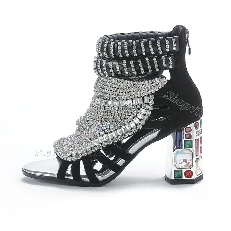 

Black Flock Crystal Sandal Boots Open Toe Back Zipper Chunky Heels New Style Fashion Party Dance Women Boots Zapatos Para Mujere