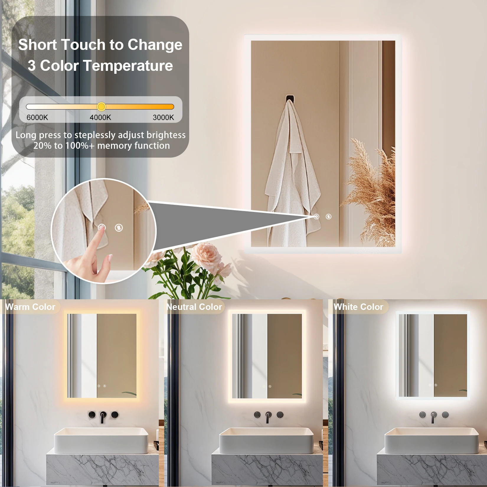 LUVODI Illuminated Bathroom Makeup Mirror,Modern Wall Mounted Bathroom Vanity Mirror Lighted Makeup Mirror with Three Colors Temperature,Fogless,Waterproof IP44