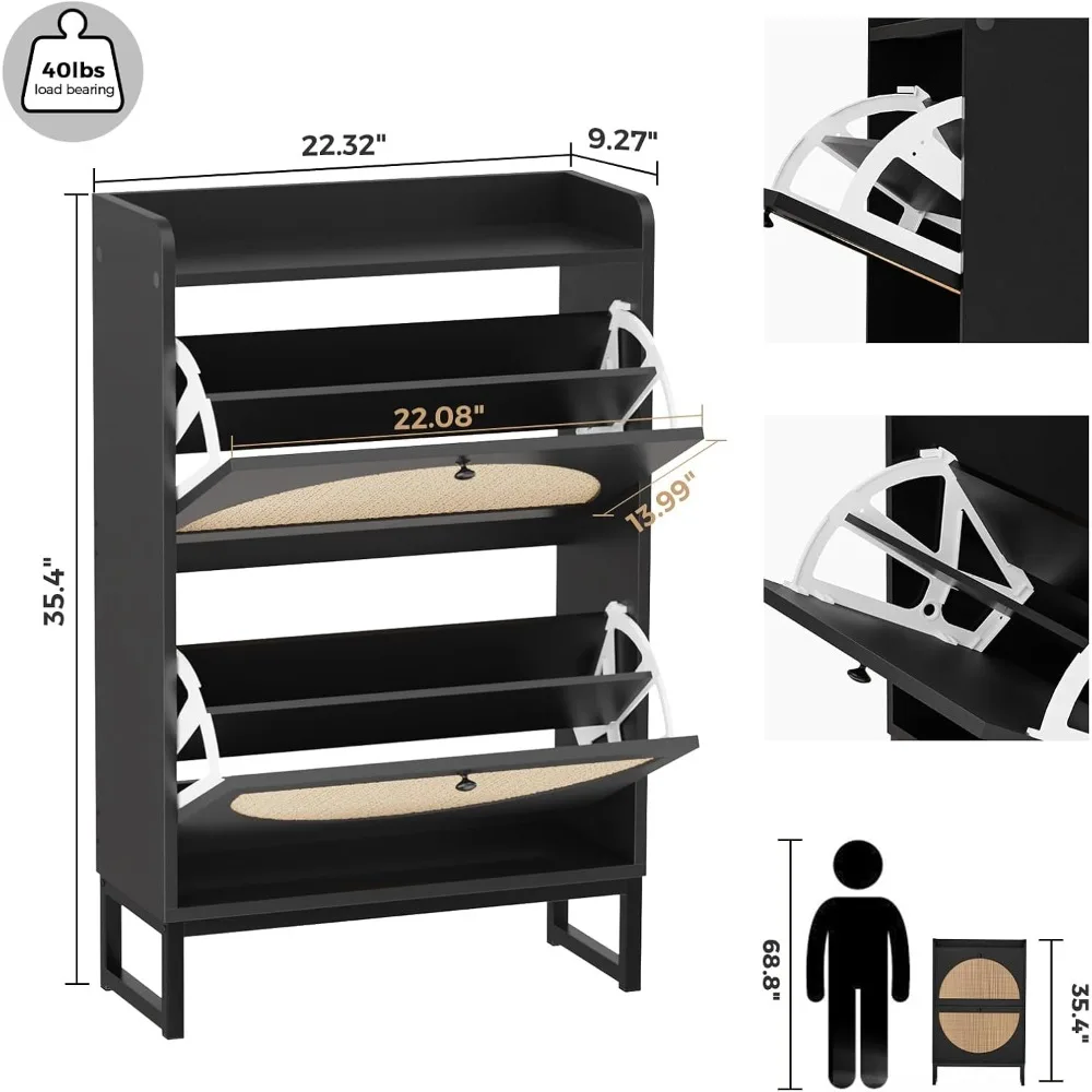 Shoe Cabinet with 2 Handmade Natural Rattan Flip Drawers, Entryway Shoe Rack Storage Organizer for Sneakers, Slippers