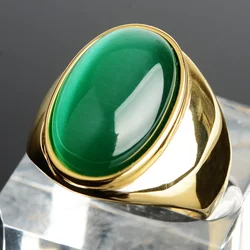 Real Gold Plated Green Cat‘s Eye Stone Man Ring Stainless Steel Simple Trendy Opals Wedding Engagement Rings for Women Men Oval