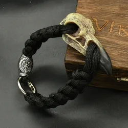 Odin Crow Skeleton Bracelet Viking Eagle's head Pendant Rune Bead Paracord Rope Norse Pirates Rune Valknut Amulet Jewelry Gift