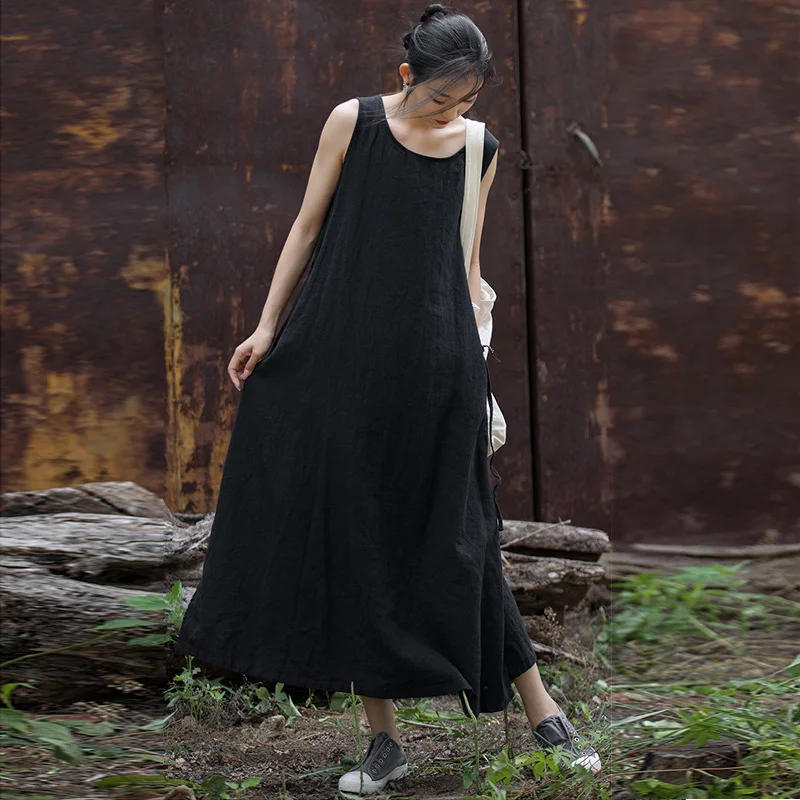 

Spring and summer cotton and linen new ramie sleeveless lace-up dress home travel long dress literary and artistic fan skirt fas