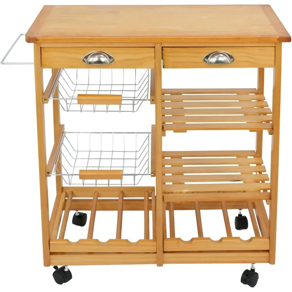 

# l Storage Rack Trolley, Wooden 4-layer Rolling Kitchen Island Trolley with Towel Rack, Drawers, Shelves Kitchen Storage Trolle