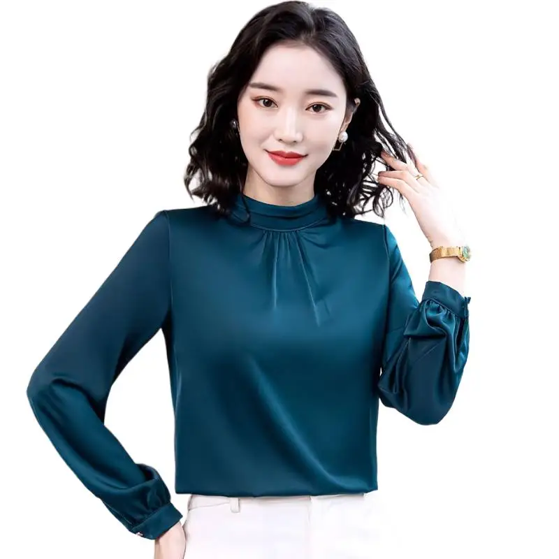 Spring Autunm Women Elegant Pleated Satin Slim Blouse Office Ladies Simple wild artificial silk Shirts Chic Chemise Blusas Tops