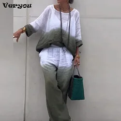 Spring Summer Women Two Piece Set O Neck Long Sleeve Print Shirt High Waist Loose Pants Suit Female Casual Outfits