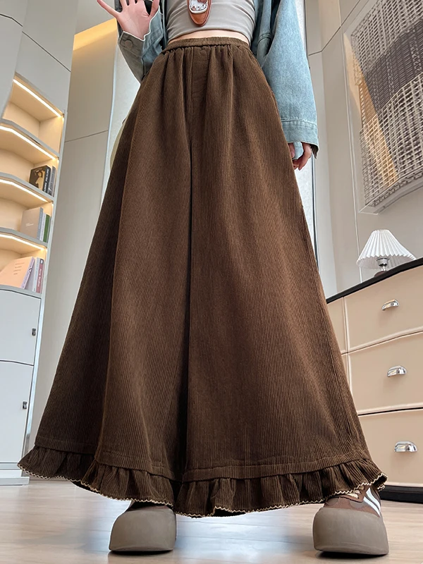 بنطلون واسع الساق من القطيفة للنساء بخصر عالٍ وتصميم مرقع مع دانتيل، بنطلون كاجوال جديد للخريف والشتاء يمنح مظهراً نحيفاً