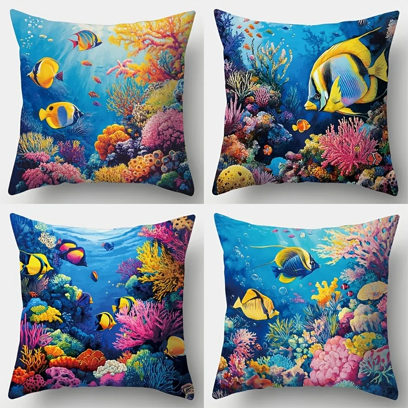 Tropical Ocean Coral Reef Pillowcase Set 4pcs 40x40cm Underwater Marine Life Cushion Cover Throw Pillow Home Decor