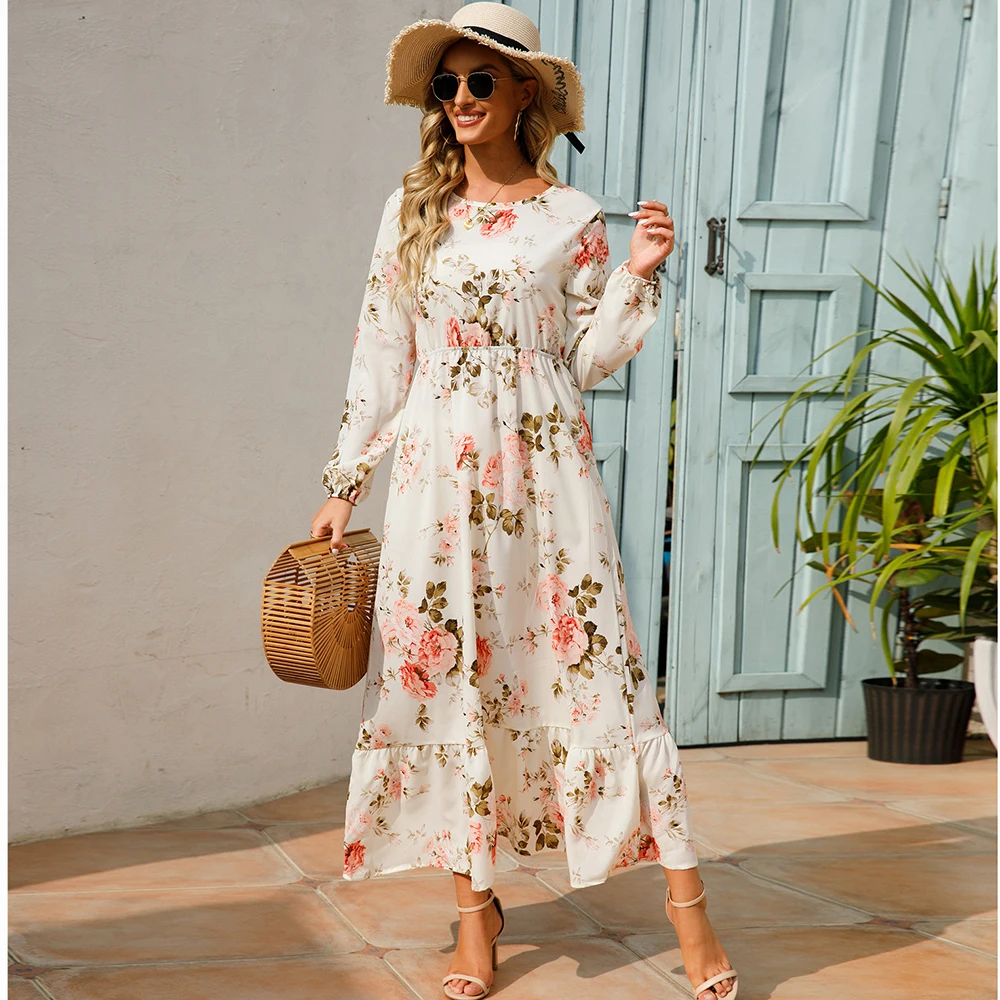 Spring Summer Women Maxi Dresses Office Lady Long Sleeve Floral Printed O-neck Woman Bohe Beach Party Long Dress Mujer Vestidos