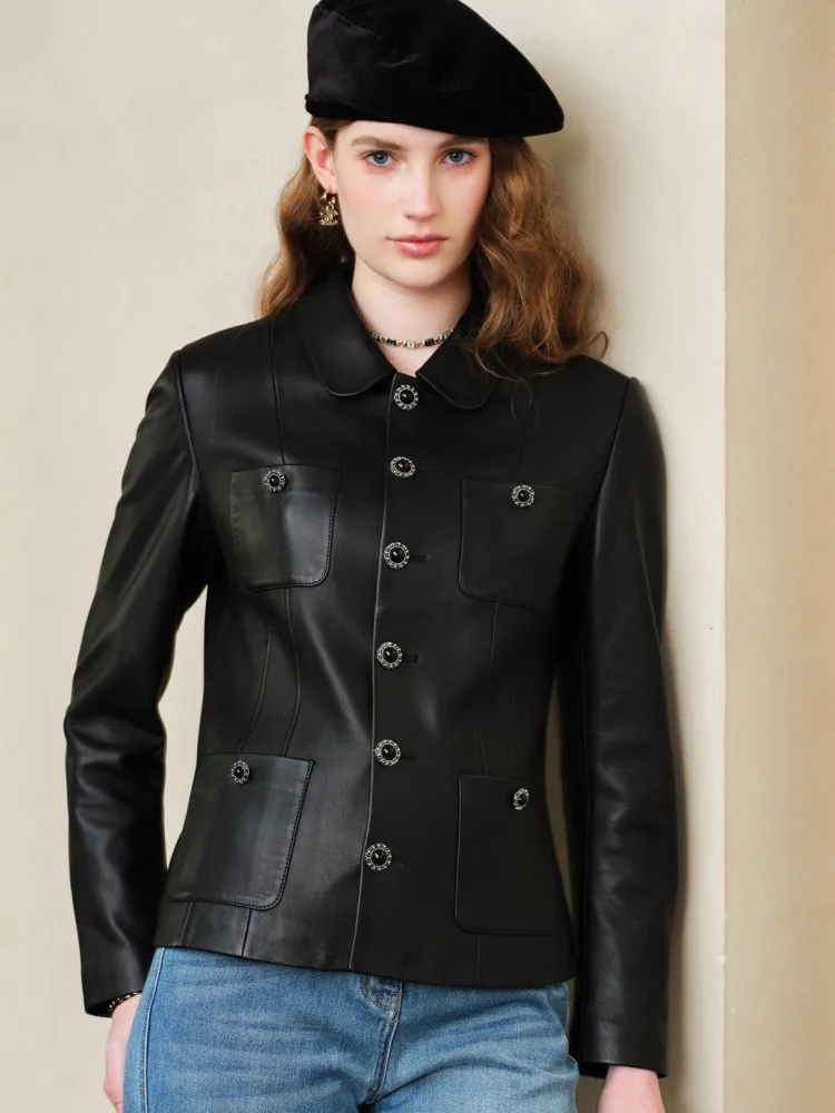 Spring Autumn Women Slim Black Sheepskin Jacket Multi-pocket Ladies Genuine Leather Jackets Classic Vintage Single Breasted Coat