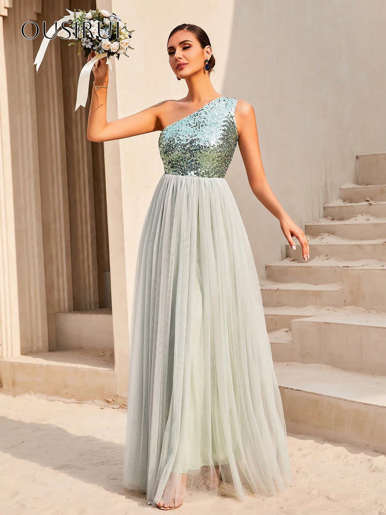 One-Shoulder-Abendkleider in A-Linie mit Pailletten, Tüll, ärmellos, maßgeschneidert, 1961 Afrikaans Robes De Soirée