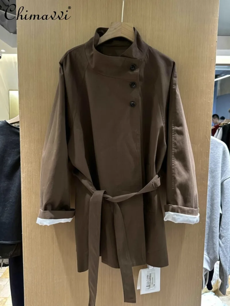 

2024 Autumn New Stand-up Collar Three-grain Buckle Lace-up Medium and Long Casual Khaki Trench Coat For Women