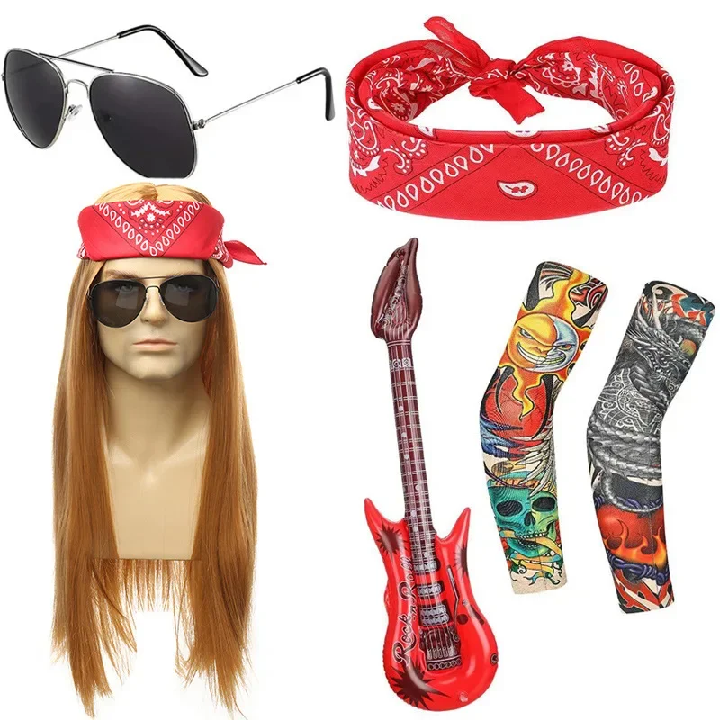 Perruque de Costume à bascule des années 80 pour hommes, perruque Hippie avec Bandana, manches de lunettes de soleil pour accessoires de fête Punk des années 80