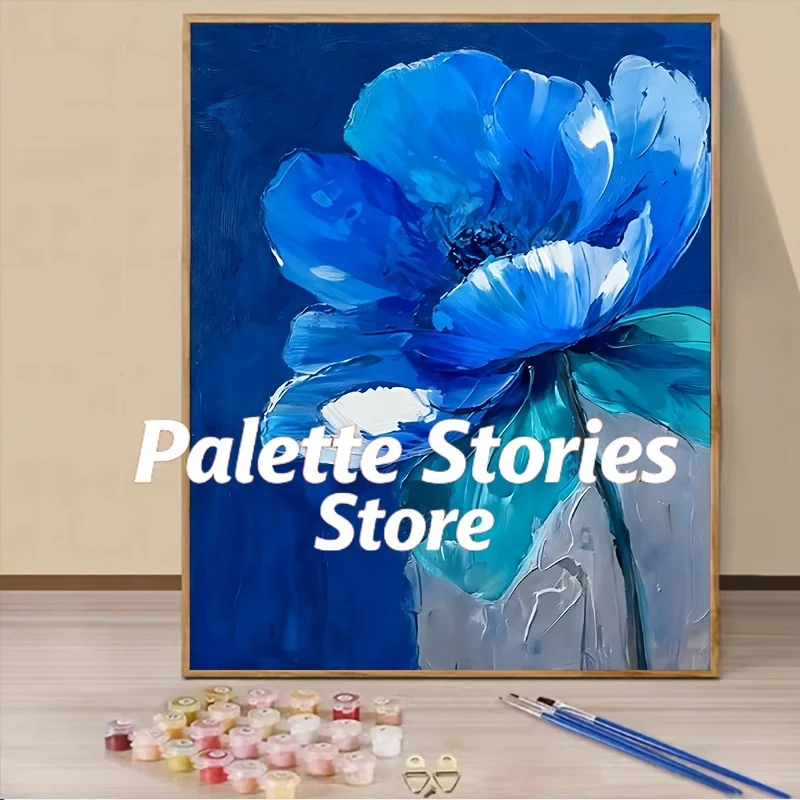 

Frameless A DIY Adult Paint-by-numbers Kit Suitable for Beginners, Featuring Blue Flowers with Green Stems on a Dark Blue Backg