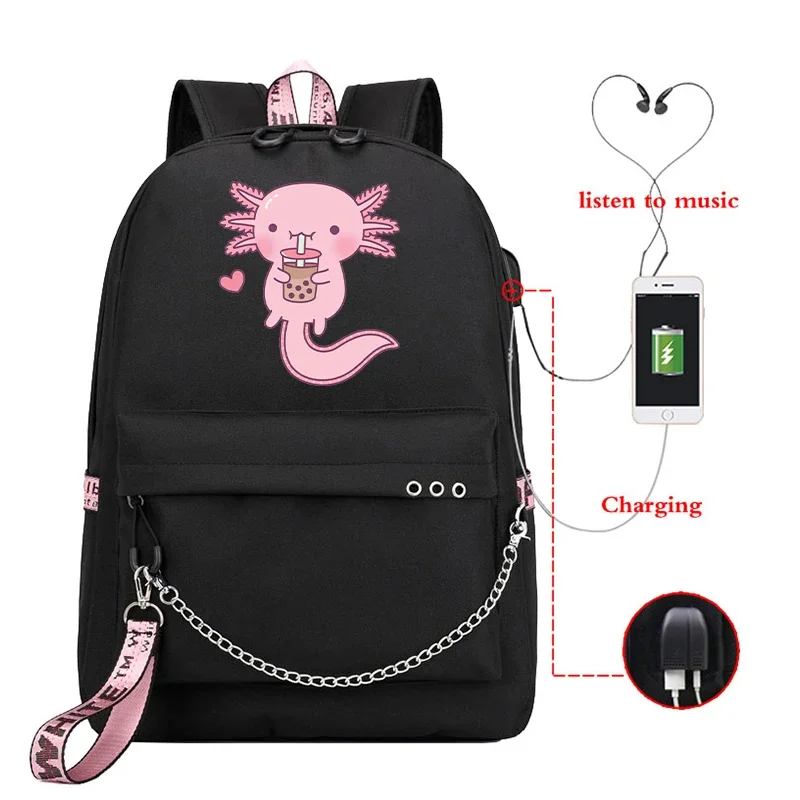 Imagem -03 - Mochilas Escolares para Adolescentes Meninas Mochila Gordinha Axolotl Desfrute de Chá Bolha Anime Mochila Escolar Bagpack Bolsas de Livro Usb