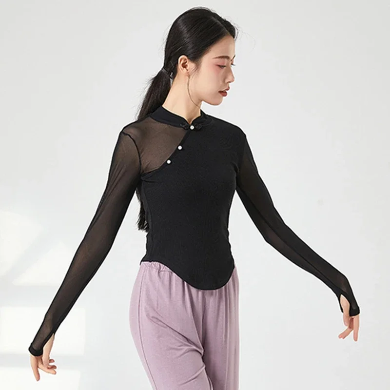 Classical Dance Top Practice Clothes Women Back Hollow Mesh Shirt Long Thumb Finger Sleeve Outfits Elegant Cheongsam Neck Tops