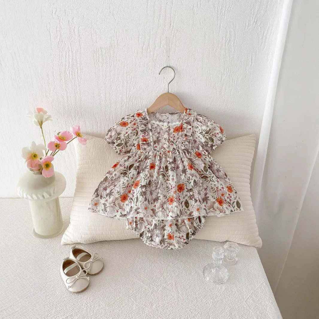 

Ins Summer Baby Ha Dress Set Floral Short Sleeve Bag Butt Clothes Princess Skirt Stylish Baby Outerwear Crawler