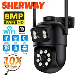 4K 8MP Wifi Dual Lens Outdoor Camera 10X Zoom HD Dual Screens PIZ IP Camera Night Vision Security Protection Câmera P6Slite APP