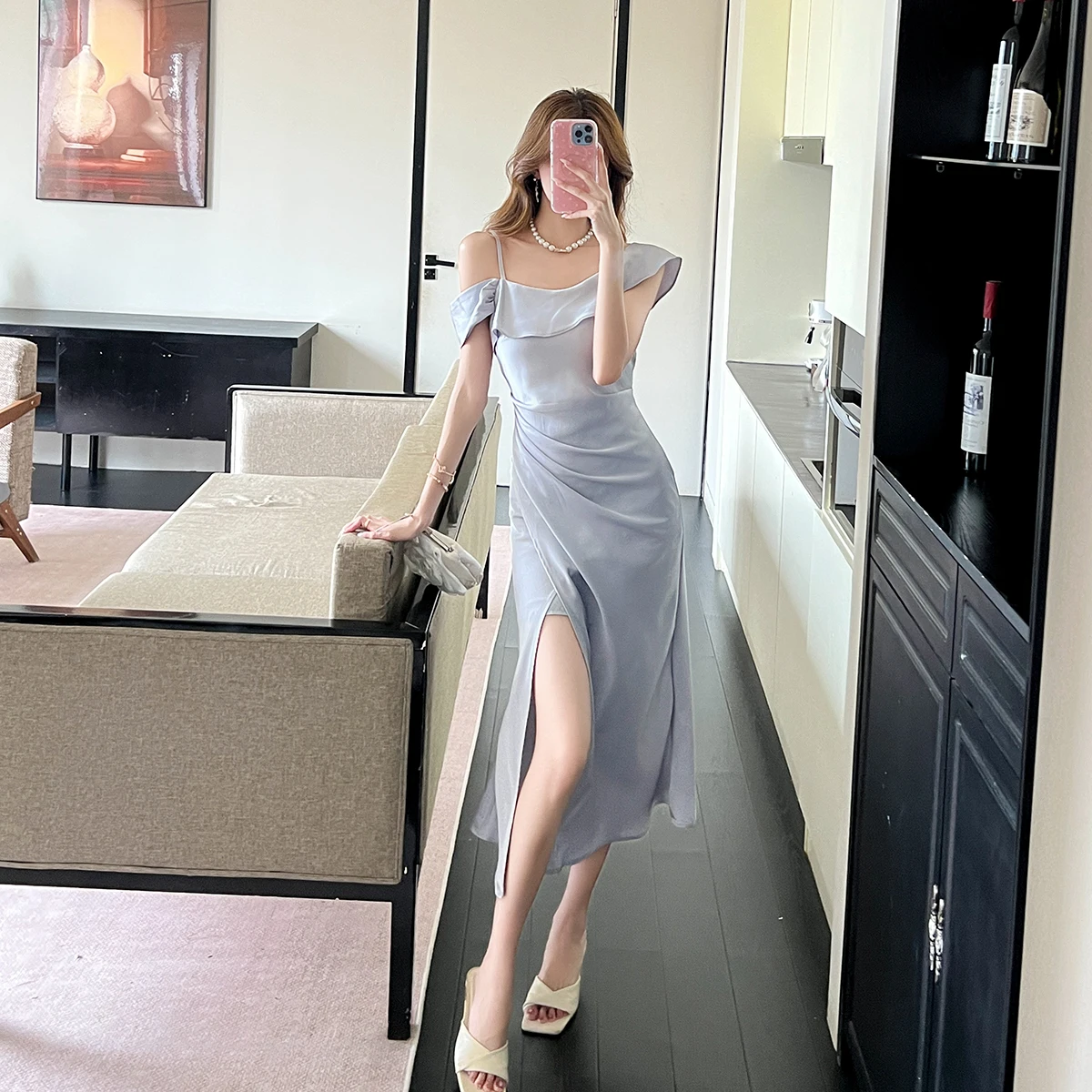 Vestido longo feminino elegante cetim folha de lótus borda uma palavra ombro suspender fora do ombro fino ajuste festa clube