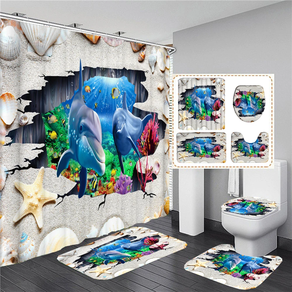 

Ocean Design Dolphin Waterproof Fabric Bathroom 3D Shower Curtain Set with Non Slip Rugs Toilet Cover Bath Mat Home Decoration