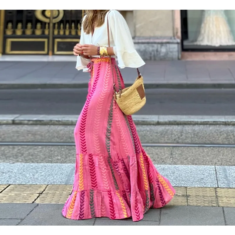 Saia de cintura elástica retrô estampada feminina, temperamento literário, roupas femininas, praia boêmia, saias casuais para balanço