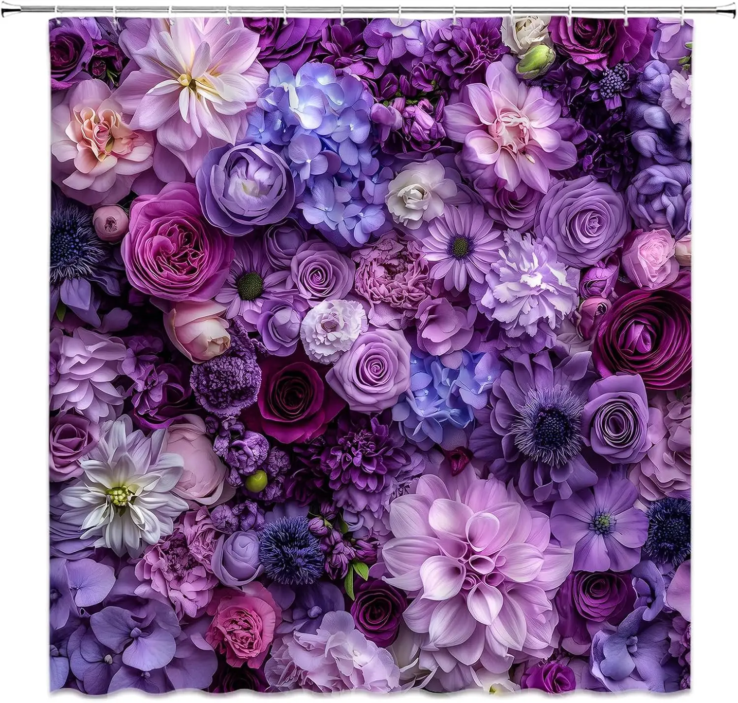 Purple Floral Shower Curtain Purple Boho Flower Spring Blossom Rustic Bright Rose Peony Leaves Botanical Plant Fabric Bathroom