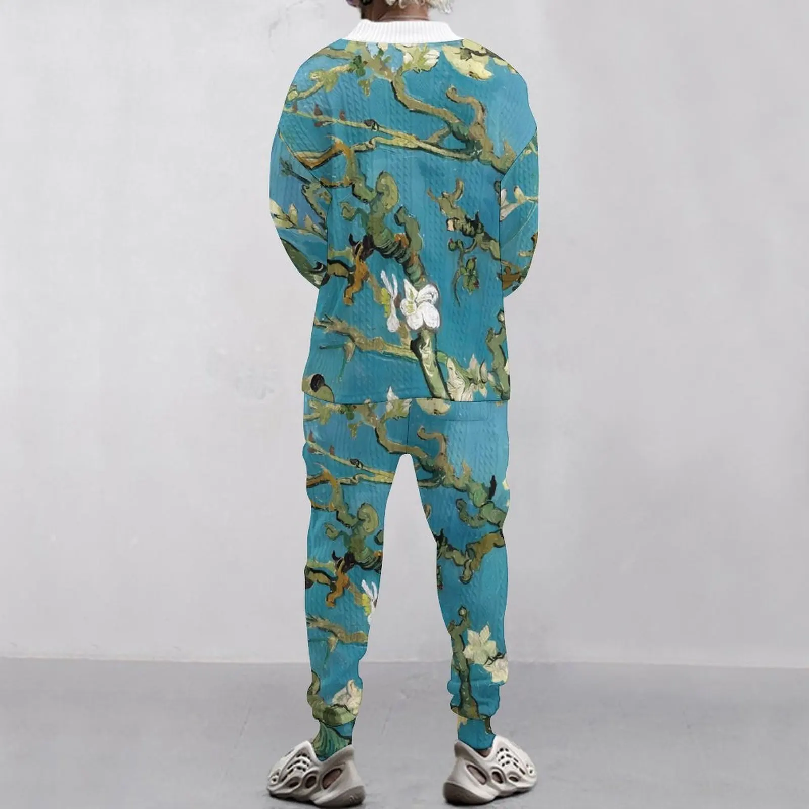 American branch flower technology printing conventional jacquard loose European V-neck casual long-sleeved pants suit