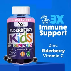 Kids elderberry gummies contain zinc and vitamin C for children's immune support, berry flavored vegetarian, and multivitamins