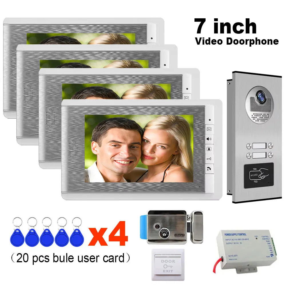 جديد 7 بوصة فيديو باب الهاتف نظام الاتصال الداخلي بجرس الباب + كاميرا التحكم في الوصول RFID ل 3/4 قفل كهربائي متعدد/الشقة العائلية