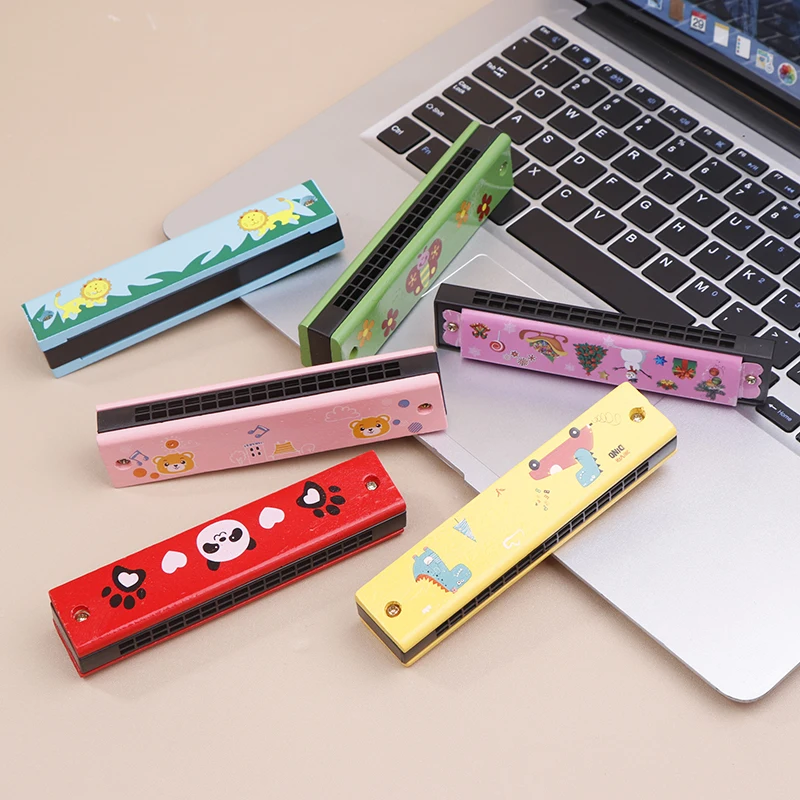 Gaita infantil montessori, órgão bucal de desenho animado de 16 buracos com corpo de madeira/ferro, instrumento musical educacional de presente