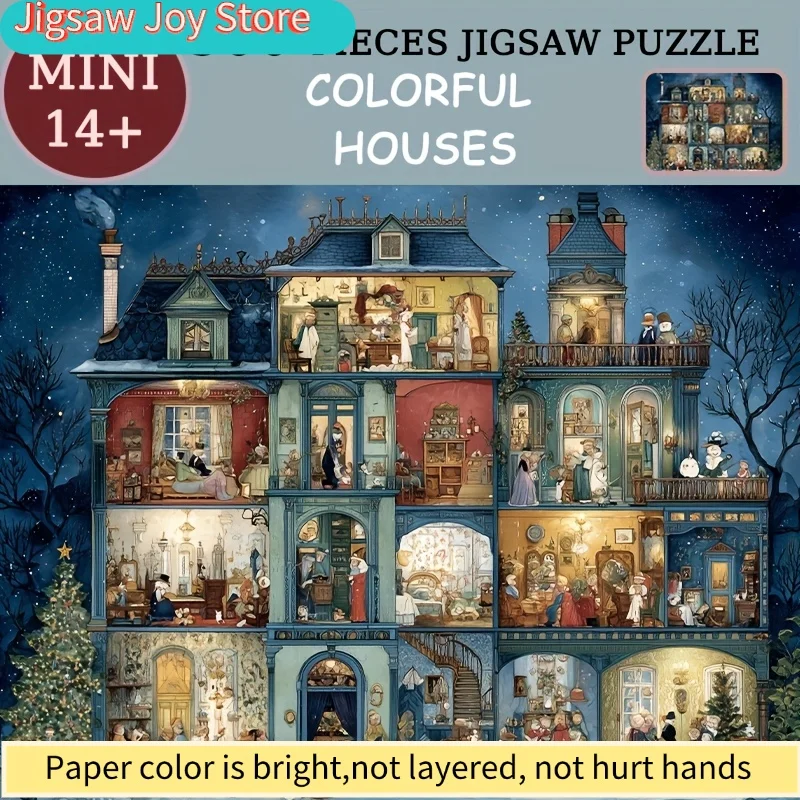 1 boîte de mini puzzles en papier pour adultes : "Maisons colorées" ou jeux et activités de fête, adaptés aux jeux et activités de fête.