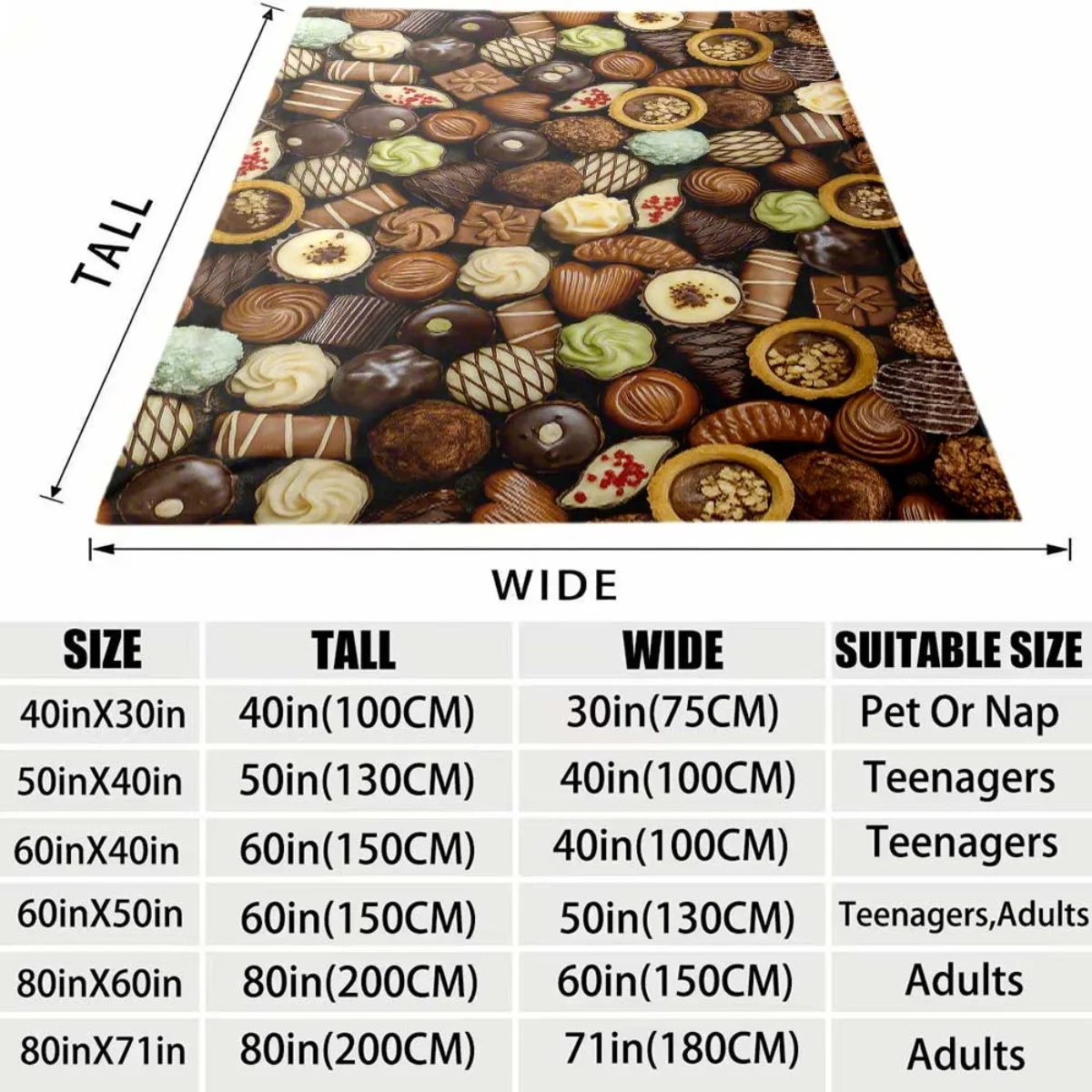 Delicious Chocolate Sweets Pattern Flannel Blanket Lightweight Warm Plush Throw Blanket Gourmet Dessert Decor Blanket