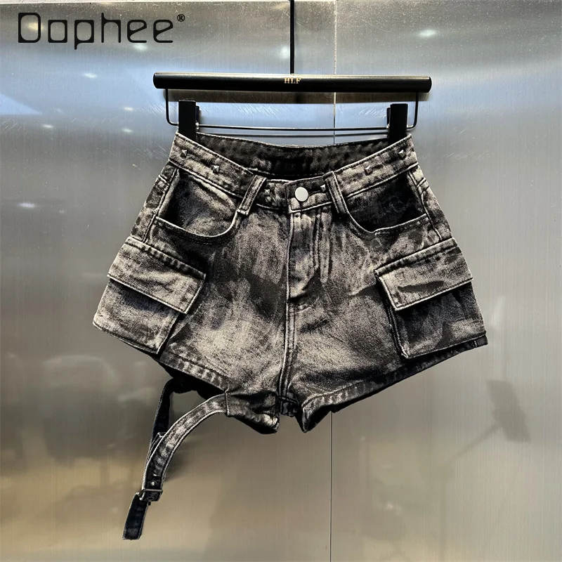 Street Fashion Denim Shorts Bandage Sexy Pockets Side Wide Leg Hot Pants A Line Jeans Shorts 2024 Summer Fashion Black Blue Y2k