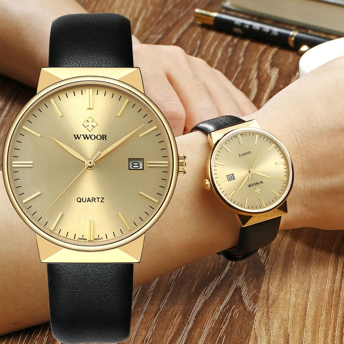 

New Mens Watches WWOOR Gold Watch Top Brand Luxury Leather Men Quartz Wristwatch Casual Men's Sport Waterproof Date Clock Watch