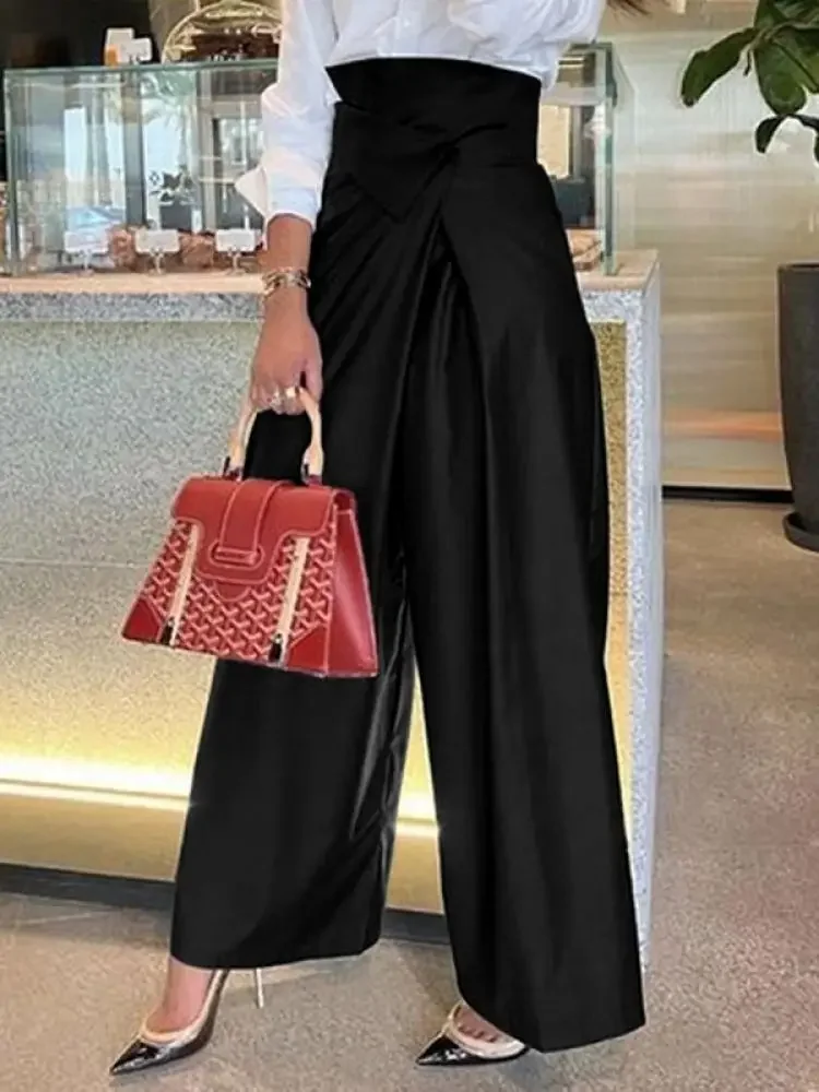 

Freeacy 2024 Fashion Urban Women Pants High Waist Pleated Wide Leg Trousers Solid Black Asymmetric Loose Fit Commuter Pants