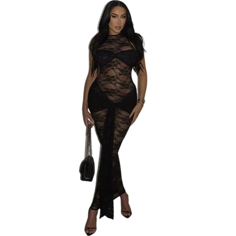 Vestido largo sexi de encaje Floral para mujer, vestido Sexy de malla transparente para verano, sin mangas, con tirantes en la espalda, Vestidos de playa negros divididos
