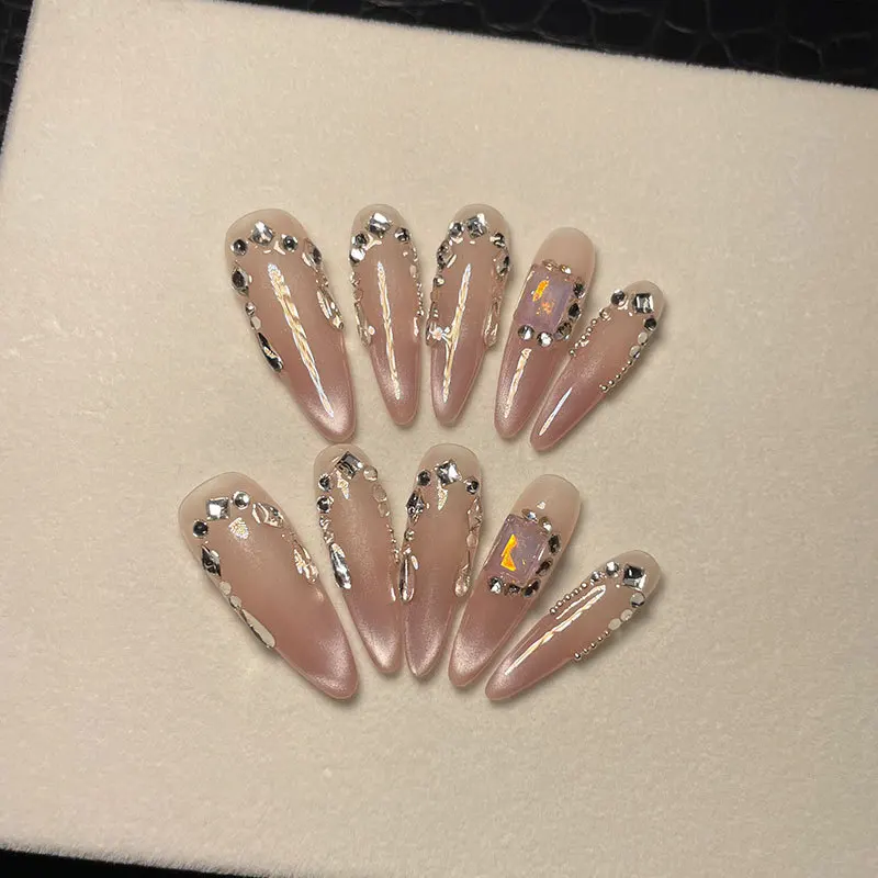 Handgemaakte Lange Roze Cat Eye Press Op Nagels Met Strass Ontworpen Herbruikbare Valse Nagels Kunstmatige Volledige Dekking Nageltips Manicure