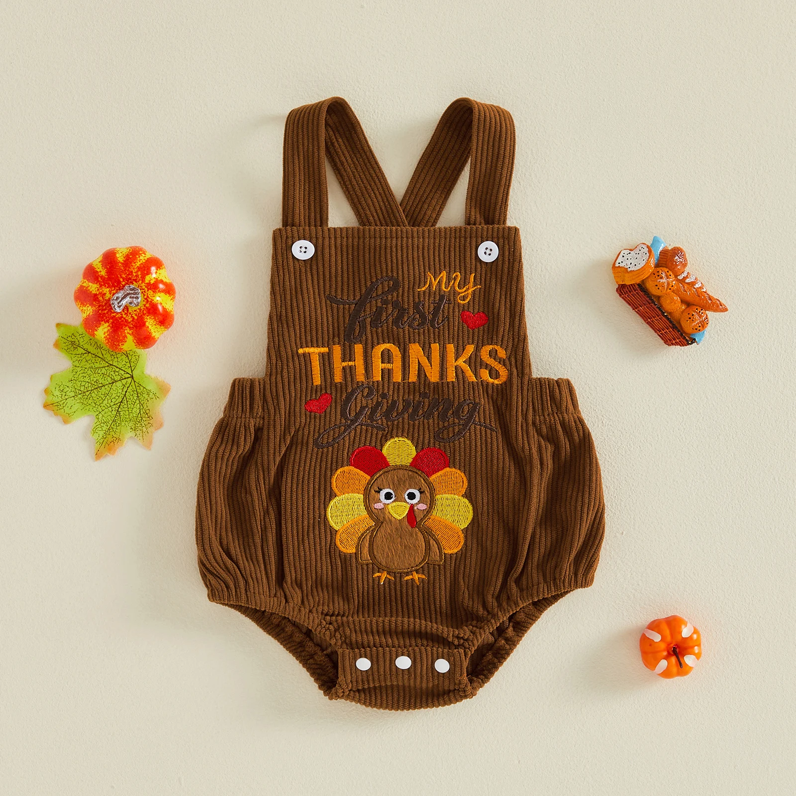0-18M Baby Thanksgiving Square Neck Romper Letter Turkey Embroidered Sleeveless Corduroy Overalls Jumpsuits