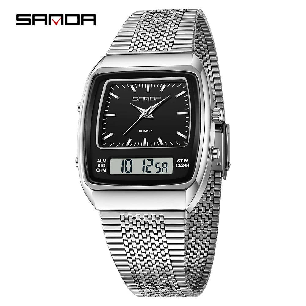 SANDA 3393 Fashion Electronic Quartz Watch Multifunction Dual Display Clock Luminous Casual Mens Women Time Digital Watches