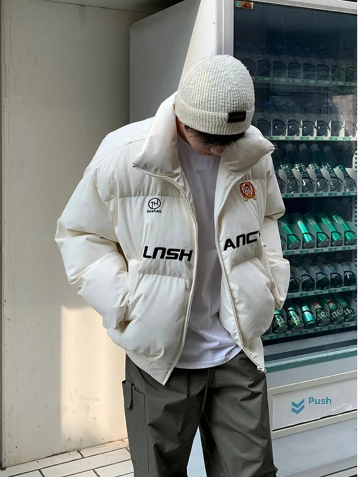 

White ort Men's down Jaet Youth Faion Autumn Winter Cotton Stitching Coat Cleanfit American Bread Sle Warm Windproof