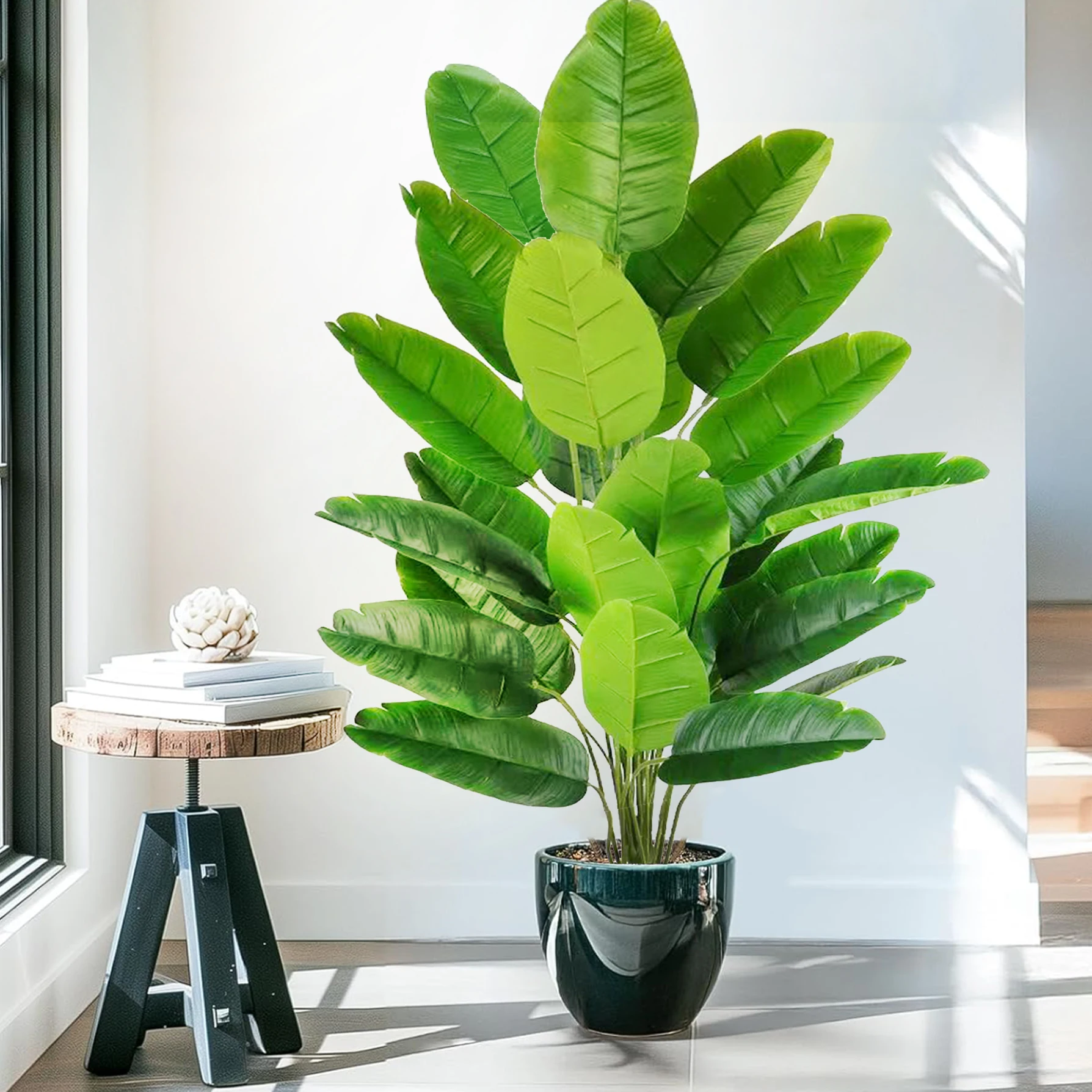 55-142cm/55,9 Zoll Große Tropische Palme Künstliche Bananenpflanze mit Blättern in Echt-Optik Strelitzia Reginae Kunstpflanze für Zuhause – Detail 5