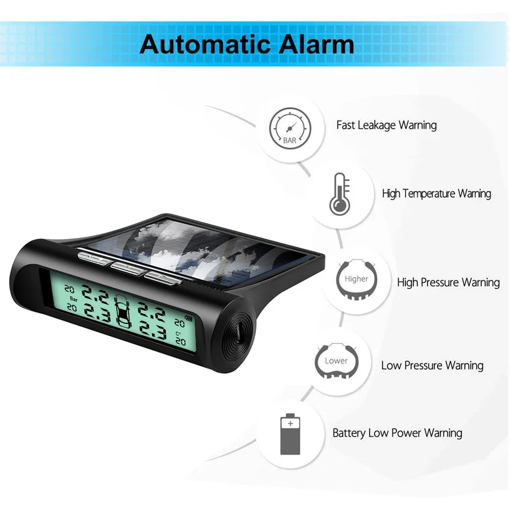 

Автомобильная система контроля давления в шинах TPMS, солнечная зарядка, HD цифровой ЖК-дисплей, автоматическая сигнализация, беспроводные внешние датчики TPMS
