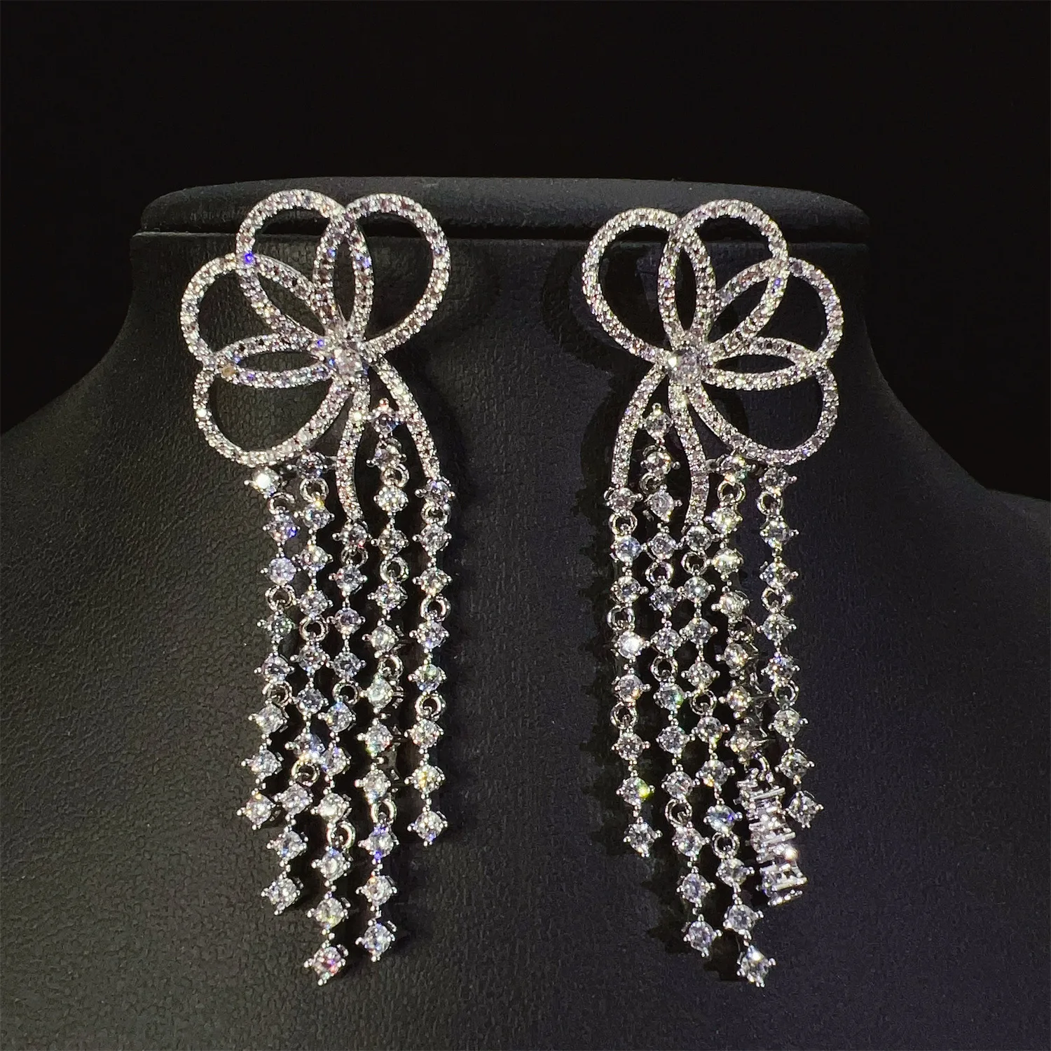 

silver color zircon earrings long tassel bowknot jewelry wedding dinner party gown accessories women earrings gift