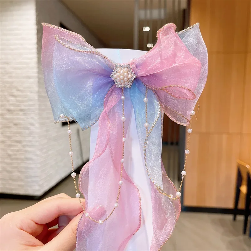 1PCS Rainbow Hair Clip Chiffon Bow Ribbon Girls Hairpins Cute Colorful Bows Flowers Children Hair Clips Fashion Hair Accessories