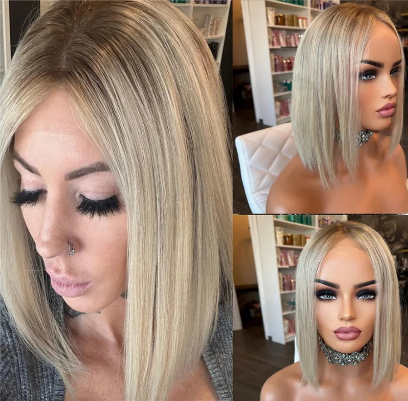 Perruque Bob Synthétique Courte et Lisse avec Racines Foncées, Blonde Ombrée, HD Transparente, Naissance des Cheveux Réaliste, Pre-plucked