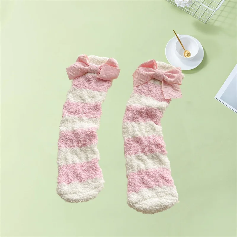 Kids Girls Slipper Socks Striped Soft Thick Cozy Fuzzy Socks with Cute Bow Winter Warm Plush Home Socks for Indoor