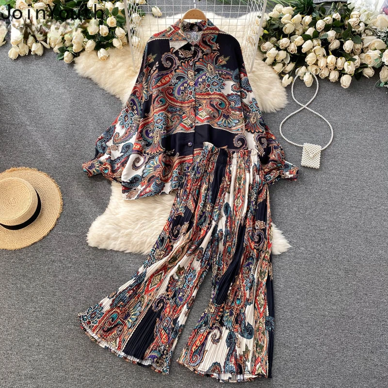 Summer Pant Suit Women Two Piece Sets Batwing Sleeve Oversized Shirt Tops + Loose Pleated Wide-leg Pants Outfits Roupas Femme