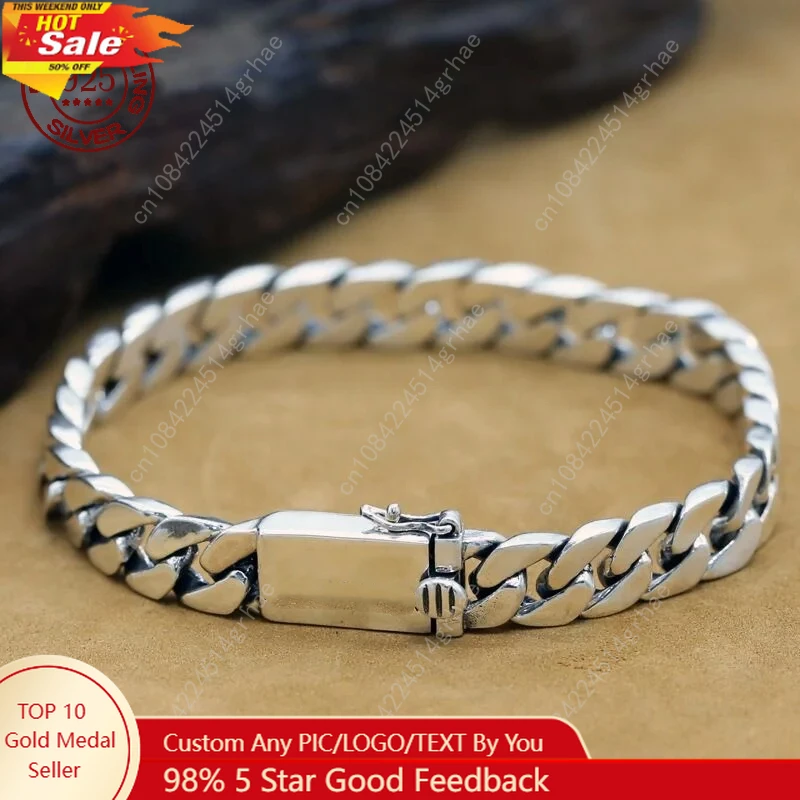 

100% S925 Sterling Silver Bracelet 8MM Punk S925 Silver Jewelry Never Fade Carry certificate Men Women Jewelry Gifts
